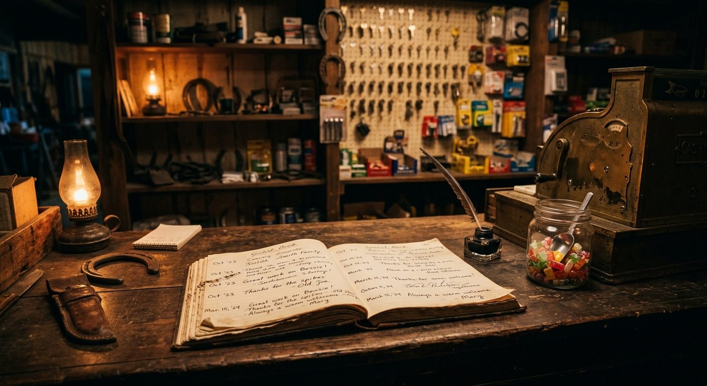 An open guest ledger on the counter beside an oil lamp, brass register, and a jar of candy