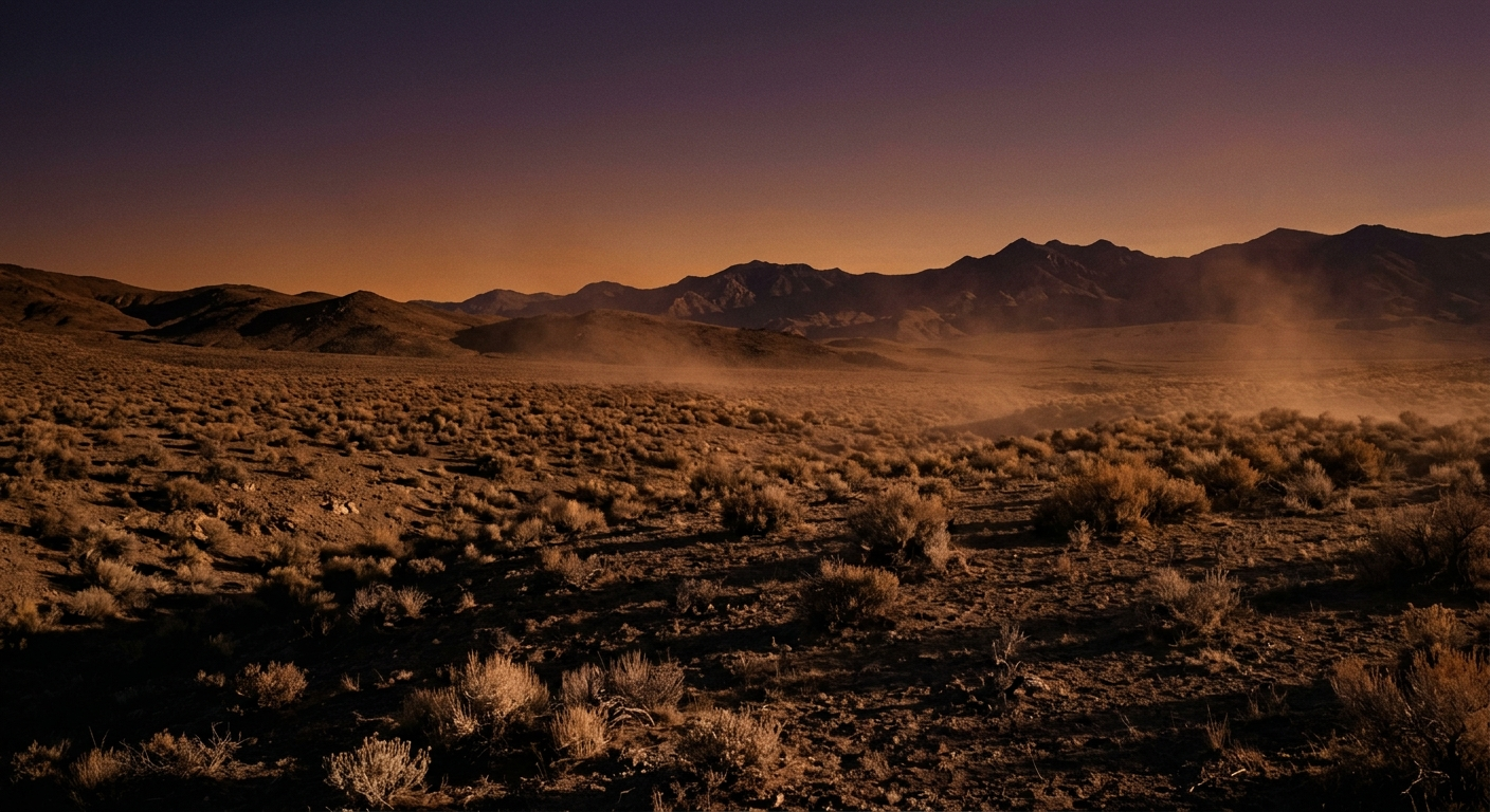 Sparse high-desert scrubland at dusk, long shadows and drifting dust reaching to bare distant mountains