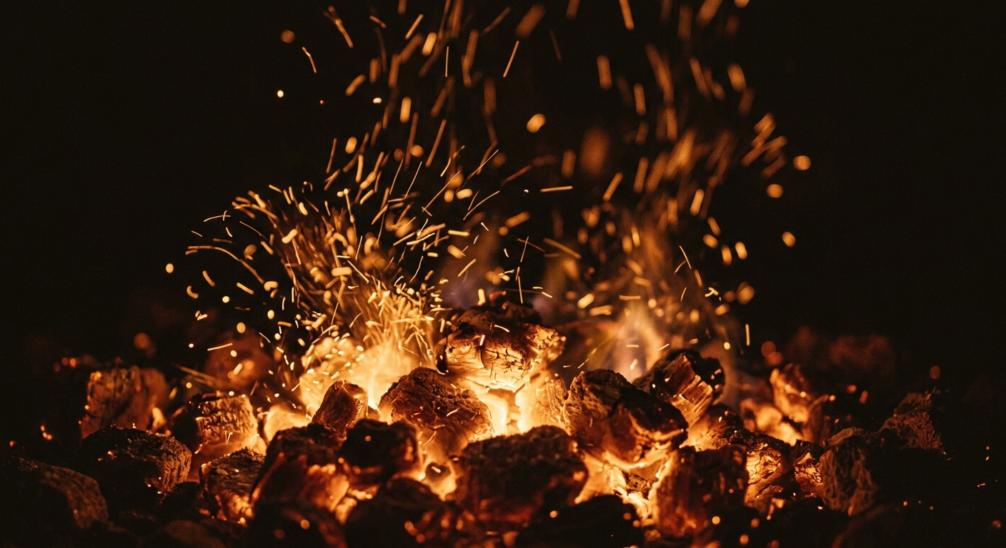 A macro of glowing forge coals and drifting sparks rising into near-total darkness