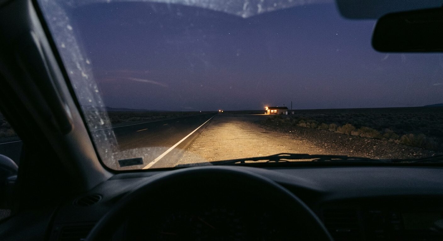 The view through a windshield on a dark desert highway, a single lit building visible far ahead