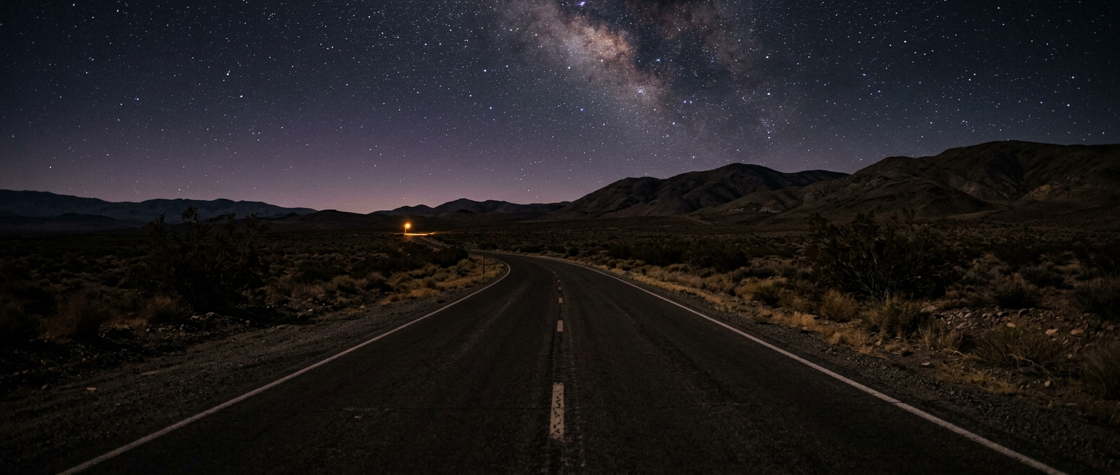 An empty two-lane desert highway vanishing into a starlit dark, one small distant glow on the horizon