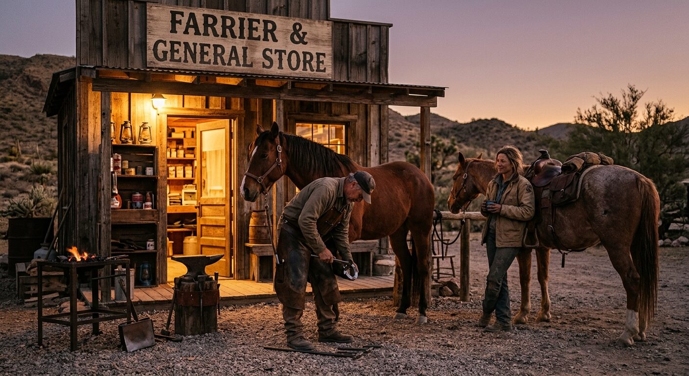 A farrier at hoof work outside the lit store at dusk, a rancher with coffee and a saddled horse waiting