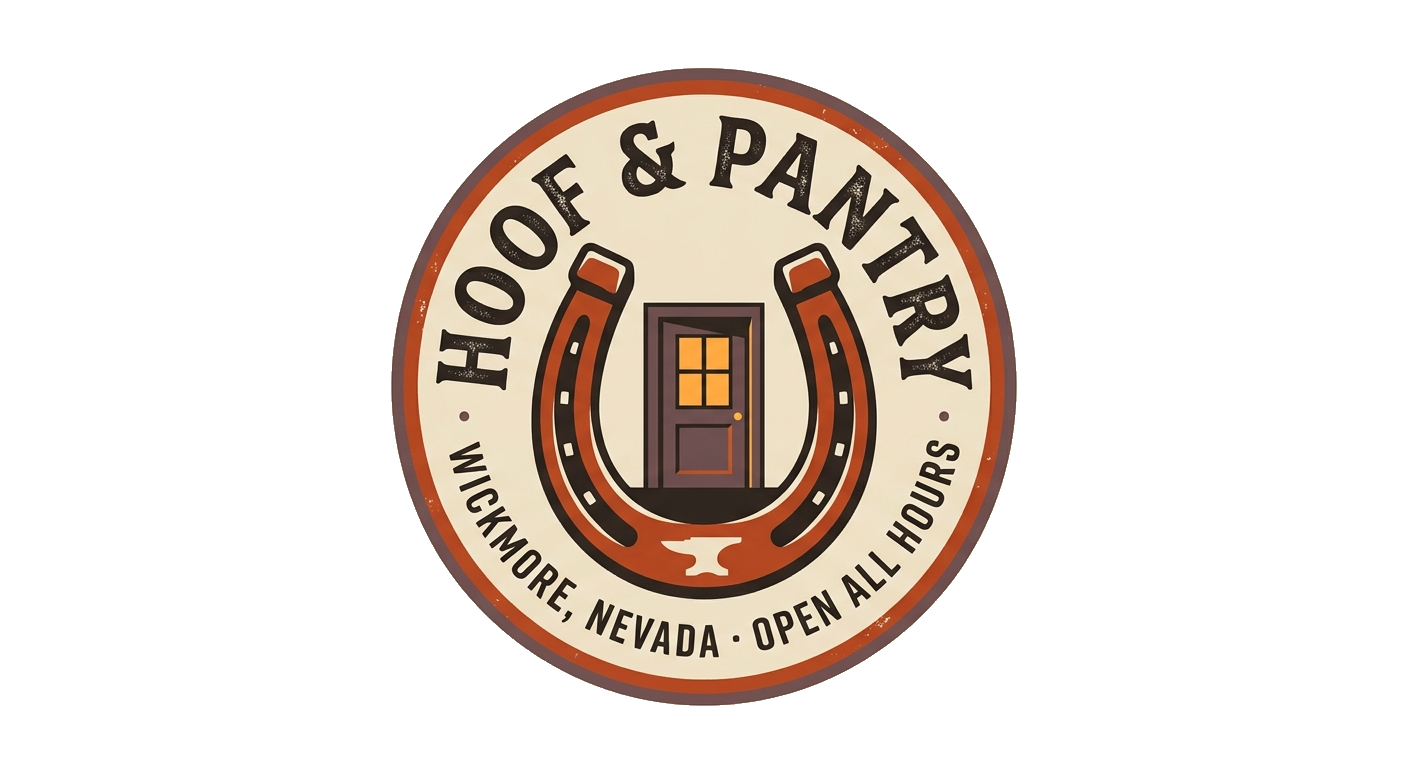 Hoof & Pantry crest — a rust horseshoe encircling a lit doorway